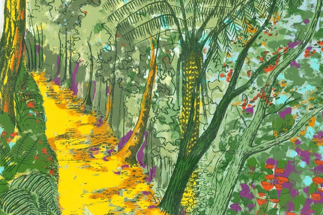 A green and yellow painting of a pathway amongst bush with hints of purple and red in the trees.